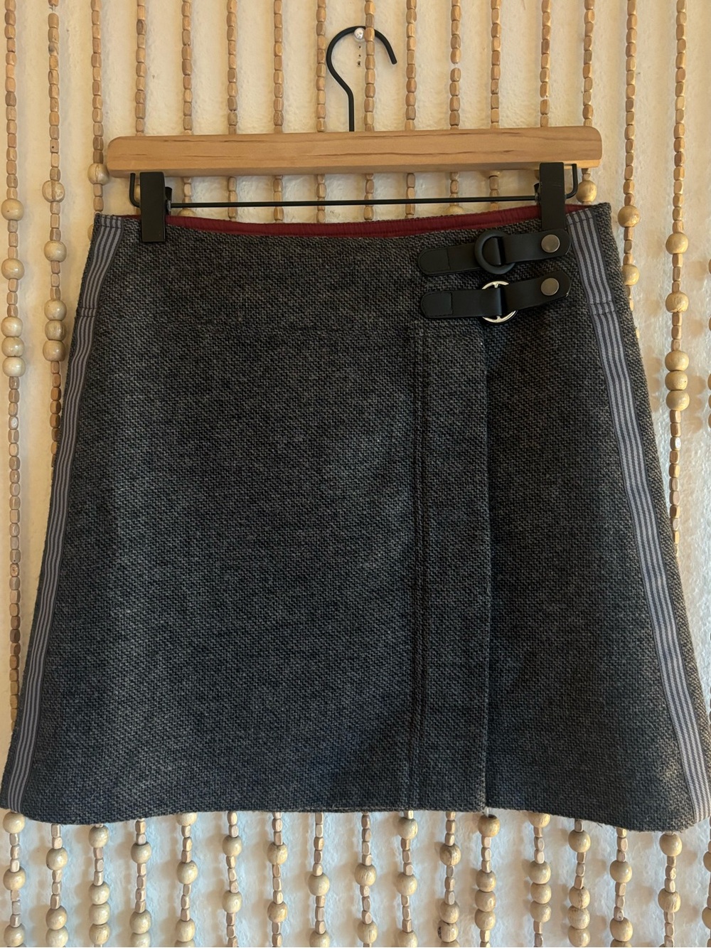 Prana Wool Charcoal Gray Buckle Leather Straps Academia Collegiate Fall Skirt XS